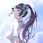  1girl aoi_ch. arms_behind_back bangs black_hair blue_eyes blue_flower blue_sky blunt_bangs blush closed_mouth cloud cloudy_sky flower fuji_aoi hair_flower hair_ornament kubota_masaki light_rays long_hair looking_back mole mole_under_eye ponytail sky smile solo upper_body virtual_youtuber 