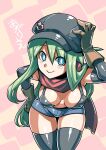  1girl blue_eyes breasts character_request closed_mouth elbow_gloves gloves green_hair hat long_hair looking_at_viewer shorts smile solo thighhighs tukiwani 