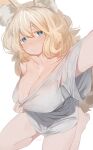  1girl animal_ears barefoot big_hair blonde_hair blue_eyes breasts cleavage closed_mouth clothes_pull grey_shirt hand_up highres large_breasts long_hair looking_at_viewer mole mole_on_breast naked_shirt no_bra original ryusei_hashida selfie shirt shirt_pull short_sleeves simple_background solo sweat tareme wet white_background 