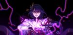  1girl bangs black_background blunt_bangs braid breasts commentary electricity energy_sword english_commentary flower furrowed_brow genshin_impact hair_flower hair_ornament highres japanese_clothes kimono large_breasts long_hair looking_at_viewer mole mole_under_eye open_mouth purple_eyes purple_flower purple_hair raiden_(genshin_impact) ribbon sash sethkiel solo sword tassel tears vision_(genshin_impact) weapon 