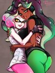  2girls ass breasts dark-skinned_female dark_skin green_eyes hug large_breasts long_hair looking_at_viewer marina_(splatoon) mina_cream mole mole_under_mouth multiple_girls open_mouth pantyhose pearl_(splatoon) smile splatoon_(series) splatoon_2 symbol-shaped_pupils yellow_eyes 