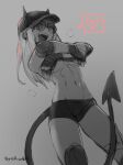  1girl alternate_costume black_shorts black_tail demon_girl demon_tail elbow_pads fingerless_gloves gloves greyscale hat heart helltaker highres justice_(helltaker) knee_pads long_hair monochrome noaharbre official_alternate_costume open_mouth police_hat shiny shiny_skin shorts sketch steam steaming_body sunglasses sweat tail tinted_eyewear twitter_username undressing 