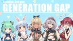  5girls animal_ears armor bare_shoulders black_gloves blonde_hair blue_bow blue_hair blush bow braid breastplate breasts bunny_ears carrot cleavage cleavage_cutout clothing_cutout dark-skinned_female dark_skin double_bun english_text eyebrows_visible_through_hair fingerless_gloves fingernails frills fur-trimmed_gloves fur_trim gloves gradient gradient_hair green_eyes green_hair grey_hair hair_between_eyes hair_bun hair_ornament heart heart_hands highres hololive hololive_fantasy houshou_marine kubota_masaki light_blue_hair long_hair medium_hair multicolored multicolored_hair multiple_girls one_eye_closed open_mouth outline partially_fingerless_gloves patterned patterned_background pointy_ears red_hair shaded_face shiranui_flare shirogane_noel short_eyebrows short_hair skull skull_hair_ornament smile snapping_fingers surprised teeth tongue triangle_mouth twintails upper_body upper_teeth uruha_rushia usada_pekora vambraces virtual_youtuber white_gloves white_hair white_outline 