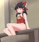  1girl ascot bare_arms bare_shoulders basin black_hair bottomless bow closed_eyes commentary_request frilled_bow frilled_shirt_collar frills hair_bow hair_tubes hakurei_reimu highres hot legs long_hair miyo_(ranthath) navel open_mouth red_bow red_shirt shirt sitting sleeveless sleeveless_shirt solo sweat touhou translation_request yellow_neckwear 
