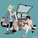  alternate_costume animal_ears black_hair black_pants blonde_hair blue_dress blue_jacket capri_pants car casual cat commentary_request common_raccoon_(kemono_friends) denim denim_skirt dress extra_ears fennec_(kemono_friends) fox_ears fox_girl fox_tail grey_hair ground_vehicle highres jacket kemono_friends long_sleeves luggage miniskirt motor_vehicle multicolored_hair nanana_(nanana_iz) pants pink_shirt puffy_short_sleeves puffy_sleeves raccoon_ears raccoon_girl raccoon_tail shirt shoes short_hair short_sleeves skirt sneakers striped striped_dress t-shirt tail white_hair 