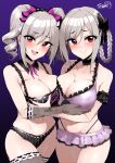  2girls bangs bare_shoulders black_choker blush bow braid breast_hold breasts choker cleavage detached_collar drill_hair eyebrows_visible_through_hair folded_hair frills gloves gradient gradient_background hair_bow highres idolmaster idolmaster_cinderella_girls kanzaki_ranko large_breasts looking_at_viewer microskirt multiple_girls navel open_mouth purple_background sian silver_hair skirt smile thighhighs thighs twin_drills twintails 