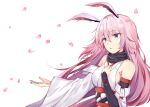  1girl :o animal_ears bangs bantian_yindang bare_shoulders breasts fox_ears hair_between_eyes highres honkai_(series) honkai_impact_3rd long_hair open_mouth petals pink_hair purple_eyes sideboob simple_background solo white_background yae_sakura yae_sakura_(gyakushinn_miko) 