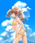  1girl adjusting_clothes adjusting_swimsuit ass bangs bikini blue_sky blunt_bangs breasts brown_eyes brown_hair cloud cloudy_sky commentary_request cowboy_shot day from_side front-tie_bikini front-tie_top grin healin&#039;_good_precure highres hiramitsu_hinata looking_at_viewer medium_hair outdoors partial_commentary precure side-tie_bikini sky small_breasts smile solo standing swimsuit twintails unno_hotaru 