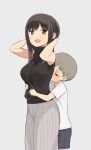  1boy 1girl :d absurdres age_difference arms_behind_head black_sweater blush breasts bright_pupils brown_eyes child collared_shirt grey_background grey_hair grey_shorts grey_skirt half-closed_eyes hands_up height_difference highres hug hug_from_behind large_breasts long_skirt nora_higuma open_mouth original shirt short_sleeves shorts simple_background skirt sleeveless_sweater smelling smile sweater white_pupils white_shirt wing_collar 