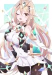  1girl absurdres armor artist_request bangs bare_shoulders blonde_hair blush breasts covered_navel dress elbow_gloves gem gloves green_background hair_ornament headpiece highres jewelry large_breasts leggings long_hair looking_at_viewer mythra_(massive_melee)_(xenoblade) mythra_(xenoblade) one_eye_closed open_mouth pantyhose pose smile solo sparkle super_smash_bros. swept_bangs thigh_strap thighs tiara very_long_hair white_background white_dress xenoblade_chronicles_(series) xenoblade_chronicles_2 yellow_eyes 