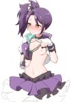  1girl black_choker blush breasts choker closed_mouth cowboy_shot eyebrows_visible_through_hair fingerless_gloves gloves heart highres jacket layered_skirt nipples one_side_up open_clothes open_jacket pretty_(series) pripara purple_hair simple_background skirt small_breasts solo sweat toudou_shion upper_body white_background white_gloves yellow_eyes yonekura_hisaki 
