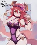  1girl bare_shoulders black_choker bracelet breasts choker closed_mouth covered_navel cowboy_shot dragalia_lost dragon_tail fang hair_between_eyes hands_up head_wreath highres horns jewelry long_hair looking_at_viewer medium_breasts mym_(dragalia_lost) one-piece_swimsuit one_eye_closed orange_eyes punished_pigeon purple_swimsuit red_hair sideless_outfit smile solo spaghetti_strap strap_gap swimsuit tail 