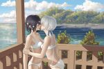  2girls arm_grab artist_request black_hair blue_ribbon blue_sky bra breasts closed_eyes cloud collarbone day eyelashes flower hair_flower hair_ornament hair_ribbon highres kiss konno_junko landscape low_twintails mizuno_ai multiple_girls nature outdoors panties plant porch ribbon scenery short_hair shoulder_grab sky small_breasts sunlight tree twintails underwear underwear_only veranda water white_bra white_hair white_panties yuri zombie_land_saga 