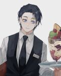  1boy black_hair black_neckwear black_vest blue_eyes cherry closed_mouth collared_shirt commentary_request dress_shirt duplicate expressionless food formal fruit grey_background highres holding holding_tray ice_cream jujutsu_kaisen llilililiilii long_sleeves looking_at_object male_focus name_tag necktie okkotsu_yuuta pixel-perfect_duplicate shirt short_hair simple_background solo suit sundae tray upper_body vest white_shirt 
