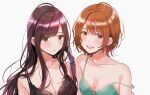  2girls bangs bare_shoulders black_bra blush bra breasts brown_eyes brown_hair cleavage collarbone fly_(marguerite) green_bra highres long_hair looking_at_viewer multiple_girls open_mouth original parted_lips purple_hair short_hair simple_background small_breasts smile strap_slip underwear white_background 