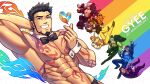  6+boys abs absurdres alternate_costume anniversary bara bare_pectorals beard bouquet bow bowtie character_request detached_collar facial_hair finger_heart flower formal goatee grin gyee highres holding holding_bouquet large_pectorals lee_(gyee) lgbt_pride looking_at_viewer male_cleavage male_focus mature_male miles_(gyee) multiple_boys muscular muscular_male niko_(gyee) nipples oneirio open_clothes open_shirt pectorals priapus priapus_a._tarou rainbow_gradient rand_(gyee) revealing_clothes short_hair smile stomach vundo_(gyee) wrist_cuffs 