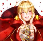 ahoge blonde_hair blush closed_eyes dress epaulettes fate/extra fate/grand_order fate_(series) frilled_sleeves frills hair_intakes hands_on_own_cheeks hands_on_own_face headband highres juliet_sleeves long_sleeves nero_claudius_(fate) nero_claudius_(fate)_(all) petals puffy_sleeves red_dress red_headband rose_petals smile white_background wide_sleeves yayoi_maka 