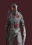  1other chauchautb_(kennysc) creature facing_viewer highres horror_(theme) long_sleeves original pants red_background red_eyes simple_background sketch solo standing weapon 