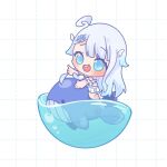  1girl :d ahoge amatsuka_uto bikini blue_eyes blue_hair blush bubble chibi dip-dyed_hair eyebrows_visible_through_hair frilled_bikini frilled_bikini_bottom frills gradient_hair grid grid_background hair_ornament hairclip indie_virtual_youtuber konpeiteru light_blue_hair multicolored_hair open_mouth pointing_to_the_side smile swimsuit two-tone_hair virtual_youtuber water whale wing_hair_ornament 