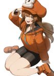  1girl bare_legs bike_shorts black_shorts brown_eyes brown_hair cabbie_hat fingerless_gloves flasso full_body gloves guilty_gear guilty_gear_strive hair_between_eyes hat highres hood hood_down hoodie jacket long_hair long_sleeves looking_at_viewer may_(guilty_gear) on_floor open_mouth orange_jacket pirate_hat salute shoes shorts sitting skull_and_crossbones solo white_background 