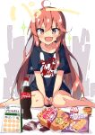  1girl :d ahoge bag_of_chips bangs barefoot beritabo between_legs black_shirt blush brown_eyes clothes_writing coca-cola commentary_request eyebrows_visible_through_hair fang hair_between_eyes hand_between_legs highres kantai_collection long_hair open_mouth product_placement red_hair shirt short_sleeves sitting smile soda_bottle solo sparkle sparkling_eyes translation_request uzuki_(kancolle) very_long_hair wariza 