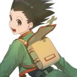  1boy :d backpack bag belt black_belt black_hair brown_bag brown_eyes commentary gon_freecss green_jacket highres hunter_x_hunter jacket long_sleeves looking_at_viewer looking_back male_focus mmo_(mmo_omm938) open_bag open_mouth short_hair simple_background smile solo spiked_hair teeth upper_body white_background 