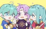  1girl 2boys aqua_eyes aqua_hair bangs blue_shirt book bracelet chibi circlet clenched_hand eirika_(fire_emblem) elley226 ephraim_(fire_emblem) eyebrows_visible_through_hair fire_emblem fire_emblem:_the_sacred_stones fire_emblem_heroes hair_between_eyes holding holding_book holding_sword holding_weapon jewelry long_hair lyon_(fire_emblem) multiple_boys open_mouth purple_eyes purple_hair red_shirt shirt short_hair sword twitter_username weapon yellow_background younger 