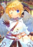  1girl ;) bangs blonde_hair blue_eyes blurry blurry_background blush brown_gloves brown_pants closed_mouth depth_of_field eyebrows_visible_through_hair feathered_wings final_fantasy final_fantasy_xiv gloves grey_wings hair_between_eyes kou_hiyoyo lalafell long_sleeves looking_at_viewer one_eye_closed pants pointy_ears short_hair smile solo white_robe wings 