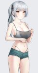  1girl bangs bare_shoulders blush breasts cleavage collarbone green_shorts grey_camisole grey_hair jewelry kantai_collection kanzaki_muyu kasumi_(kancolle) large_breasts long_hair looking_at_viewer navel necklace short_shorts shorts side_ponytail solo thighs yellow_eyes 