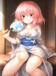  1girl blue_bra blue_panties bow bow_bra bra bra_through_clothes bralines breasts cameltoe cleavage collarbone fan highres kimino large_breasts looking_at_viewer marukyuu_ameya panties pantyshot pink_eyes pink_hair saigyouji_yuyuko see-through short_hair sitting touhou underwear 