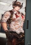  1boy anjingkuxiao bara barawa brown_eyes brown_hair brown_pants bulge covered_nipples draph facial_hair goatee granblue_fantasy highres horns indoors large_pectorals looking_at_viewer male_cleavage male_focus mature_male muscular muscular_male pants partially_unbuttoned pectorals penis_peek pointy_ears see-through shirt short_hair sleeves_rolled_up solo wet wet_clothes wet_shirt white_shirt 