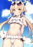  1girl absurdres arms_behind_back blue_archive blush breasts cloud collarbone halo hifumi_(blue_archive) highres kenken_(keuken) light_brown_hair long_hair looking_at_viewer low_twintails navel sky small_breasts smile solo sunglasses swimsuit twintails yellow_eyes 