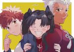  1girl 2boys archer_(fate) bangs black_hair blush brown_eyes cloud emiya_shirou fate/stay_night fate_(series) grey_eyes grin holding_another&#039;s_arm looking_at_another multiple_boys open_mouth red_hair scratching_cheek simple_background smile sweatdrop tohsaka_rin twintails ueki1230 white_hair 