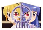  2girls bangs black_hairband blonde_hair blue_hair blunt_bangs border bow bowtie closed_mouth collared_shirt commentary_request copyright_name eyebrows_visible_through_hair furude_rika hair_between_eyes hairband heterochromia highres higurashi_no_naku_koro_ni houjou_satoko light_blush logo long_hair multiple_girls parted_lips portrait purple_bow purple_eyes purple_neckwear red_eyes rumia_(compacthuman) shirt short_hair smile split_screen split_theme spoilers suspenders white_shirt 