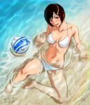  1girl ball barefoot beach bikini black_hair blitzball breasts cleavage final_fantasy final_fantasy_vii final_fantasy_x forehead_protector from_above highres looking_at_viewer navel partially_submerged sgk short_hair sitting smile solo stomach swimsuit water wet white_bikini yuffie_kisaragi 