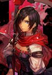  1girl black_hair breasts buckle cleavage cleavage_cutout clothing_cutout corset grey_eyes hungry_clicker long_sleeves looking_at_viewer multicolored_hair red_hair red_scarf ruby_rose rwby scarf scythe short_hair solo upper_body 