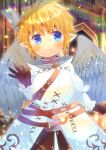  1girl bangs blonde_hair blue_eyes blurry blurry_background blush brown_gloves brown_pants closed_mouth commentary_request depth_of_field eyebrows_visible_through_hair feathered_wings final_fantasy final_fantasy_xiv gloves grey_wings hair_between_eyes kou_hiyoyo lalafell long_sleeves looking_at_viewer pants pointy_ears short_hair smile solo white_robe wings 