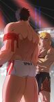  2boys agtkme2304 ass back bara bare_back black_hair blonde_hair briefs couple crossed_arms feet_out_of_frame forked_eyebrows from_behind headband highres ken_masters male_focus male_underwear multiple_boys muscular muscular_male pectorals raised_eyebrow ryu_(street_fighter) short_hair spotlight street_fighter street_fighter_ii_(series) teasing thick_thighs thighs underwear wrestling_outfit yaoi 