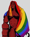  1boy abs amputee arm_hair bald bara bare_pectorals beard black_hair broken_horn chest_hair colored_skin covering covering_crotch demon_boy facial_hair flag hairy hellboy hellboy_(comic) highres horns large_pectorals leg_hair lgbt_pride male_focus male_pubic_hair mature_male muscular muscular_male navel navel_hair nipples nude pectorals penis pubic_hair rainbow_flag red_skin short_hair smagma smile solo stomach thick_thighs thighs yellow_eyes 