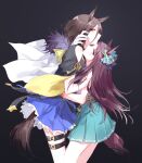 2girls air_groove_(umamusume) animal_ears aqua_skirt black_background blue_skirt commentary_request feather_boa hand_on_another&#039;s_neck highres horse_ears horse_girl horse_tail hug looking_at_viewer looking_to_the_side mejiro_dober_(umamusume) multiple_girls mutual_hug open_mouth pleated_skirt profile romi_(346_ura) skirt tail umamusume yuri 