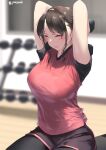  1girl arms_behind_head black_shorts blush breasts brown_hair closed_eyes closed_mouth commentary_request exercise jonsun large_breasts mole mole_under_eye original red_shirt shirt short_hair short_sleeves shorts sitting tamami_(jonsun) twitter_username 