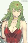  1girl artist_name bare_shoulders breasts cleavage collarbone english_text fire_emblem fire_emblem_heroes gofelem green_eyes green_hair hair_between_eyes jewelry lips long_hair medium_breasts patreon_username pink_lips pointy_ears red_ribbon ribbon solo tiki_(fire_emblem) upper_body watermark web_address 