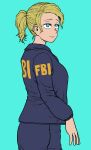  1girl absurdres aqua_background black_jacket black_pants blonde_hair blue_eyes chanta_(ayatakaoisii) cowboy_shot fbi flat_color highres jacket long_sleeves looking_at_viewer medium_hair original pants ponytail print_jacket simple_background solo 