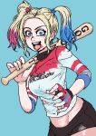  1girl absurdres baseball_bat black_shorts blonde_hair blue_background blue_eyes blue_hair chanta_(ayatakaoisii) cowboy_shot dc_comics fingerless_gloves gloves harley_quinn highres holding holding_baseball_bat long_hair long_sleeves looking_at_viewer midriff open_mouth print_shirt red_hair shirt shorts simple_background single_glove smile solo suicide_squad torn_clothes torn_shirt twintails 