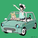  2girls alternate_costume animal_ears black_hair blonde_hair blue_shirt blue_shorts car casual commentary_request common_raccoon_(kemono_friends) driving extra_ears eyebrows_visible_through_hair fennec_(kemono_friends) flower fox_ears fox_girl grey_hair ground_vehicle hat hat_flower highres kemono_friends motor_vehicle multicolored_hair multiple_girls nanana_(nanana_iz) one_eye_closed puffy_short_sleeves puffy_sleeves raccoon_ears raccoon_girl raccoon_tail shirt short_hair short_shorts short_sleeves shorts sleeveless sun_hat tail white_hair 