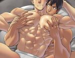  2boys abs alternate_pectoral_size bara bertolt_hoover black_hair blonde_hair blush briefs completely_nude dark-skinned_male dark_skin feet_out_of_frame flaccid foreskin grabbing groping hand_on_another&#039;s_head highres imminent_sex interracial large_pectorals male_focus male_underwear multiple_boys muscular muscular_male navel nipples nude out-of-frame_censoring pectoral_grab pectorals reiner_braun reward_available shingeki_no_kyojin short_hair sideburns smile spread_legs stomach suyobara thighs uncensored underwear underwear_only white_male_underwear yaoi 
