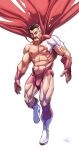  1boy abs absurdres bara bare_pectorals black_hair blood blue_eyes bodysuit bulge cape facial_hair full_body highres ilovefsushi invincible_(series) large_pectorals looking_at_viewer male_focus mature_male multicolored_hair muscular muscular_male mustache navel nipples old old_man omniman pectorals red_cape short_hair sideburns solo stomach thick_thighs thighs torn_bodysuit torn_clothes two-tone_hair white_background white_bodysuit 