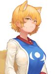  1girl absurdres animal_ears bangs blonde_hair breasts chanta_(ayatakaoisii) dress eyebrows_visible_through_hair fox_ears fox_tail highres large_breasts multiple_tails short_hair simple_background slit_pupils solo tabard tail touhou white_background white_dress yakumo_ran yellow_eyes 