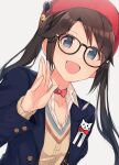  1girl :d bangs beret black-framed_eyewear black_hair blazer blue_eyes blush breasts cleavage collarbone eyebrows_visible_through_hair glasses hanetsuka hat idolmaster idolmaster_shiny_colors jacket l&#039;antica_(idolmaster) long_hair long_sleeves looking_at_viewer mitsumine_yuika open_mouth red_headwear shirt simple_background small_breasts smile solo twintails upper_body white_background 