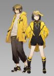  1boy 1girl bangs black_footwear black_hair black_legwear buttons coat collared_shirt full_body grey_background hair_over_one_eye long_sleeves looking_at_viewer original pants shirt short_hair shorts suteinua teardrop_tattoo yellow_eyes 